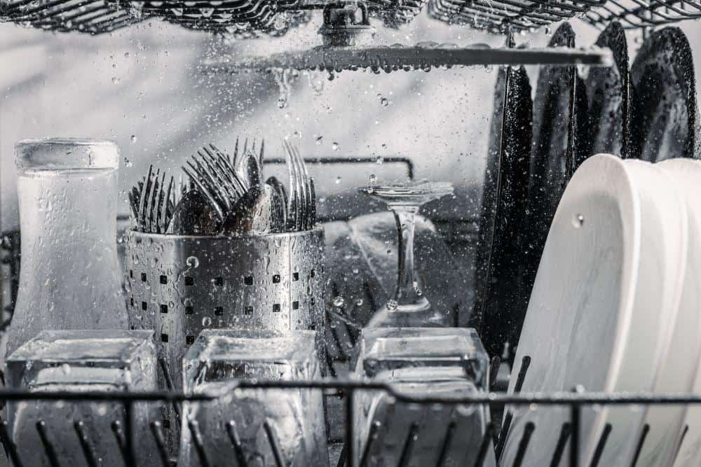 Photo of a dishwasher in a cleaning cycle