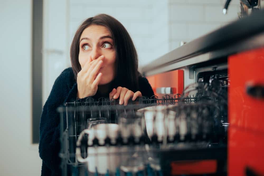 Photo of a woman and a moldy dishwasher