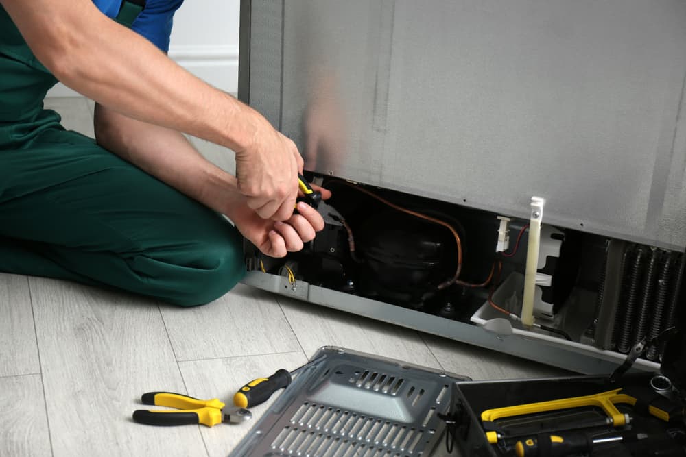 Photo of an appliance repair person working on a fridge