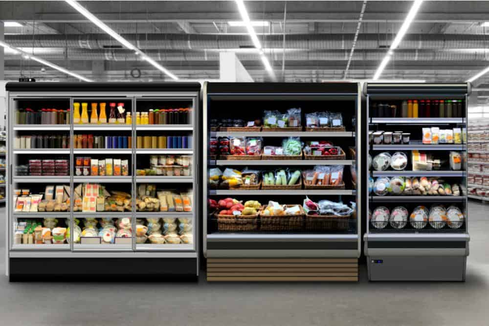 Photo of display refrigerators in a large grocery stores