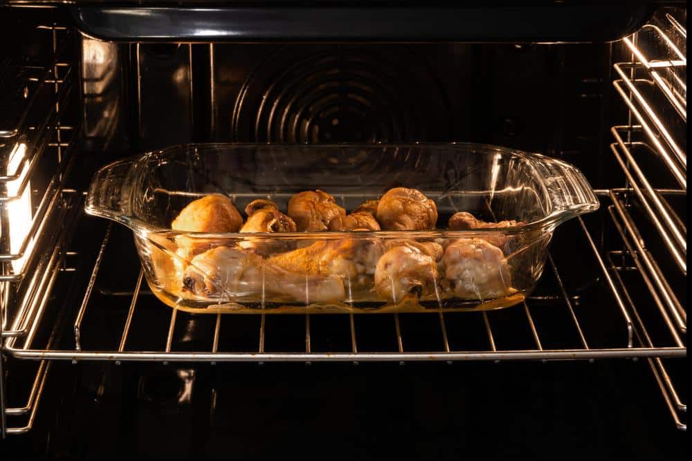 Photo of glass bakware in the oven