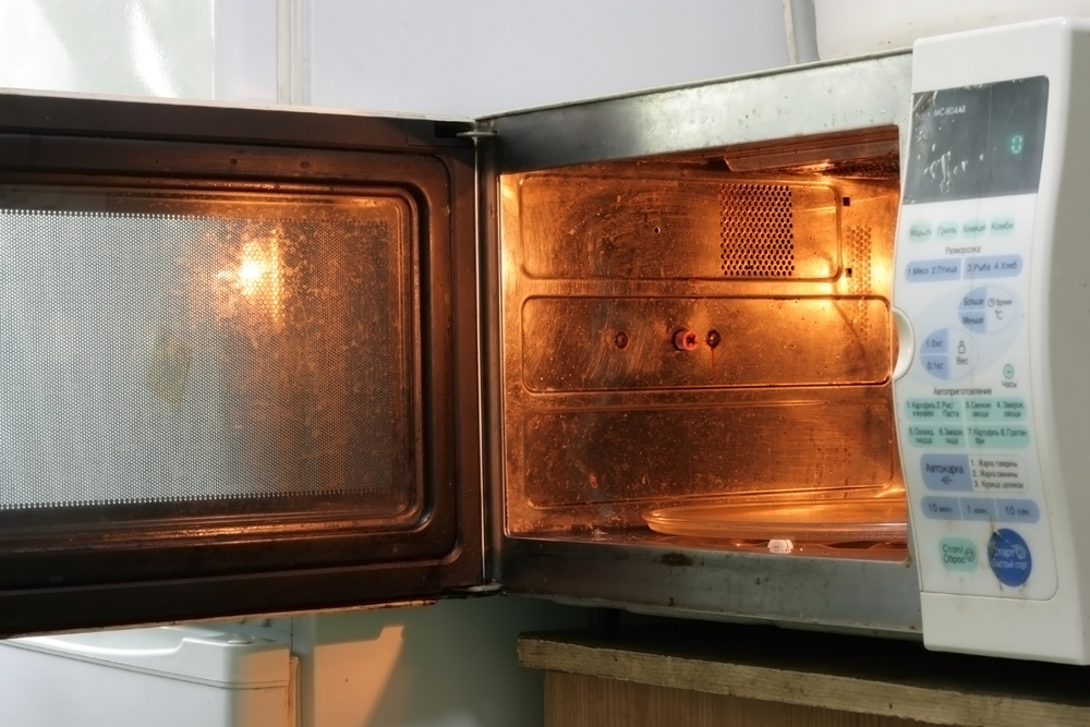 Photo of a grimy microwave