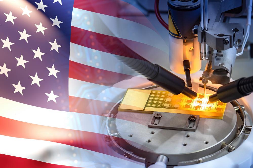 Photo of a USA Flag and a semiconductor