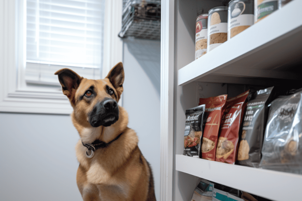 A dog sniffing airtight containers of dog food on a shelf.