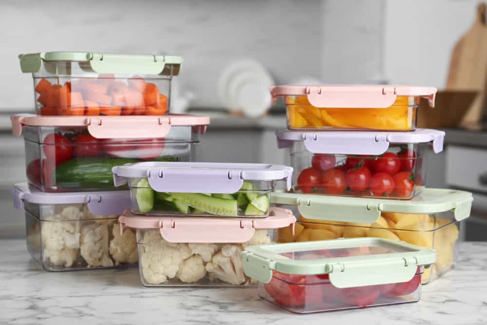 A set of food storage containers filled with vegetables.