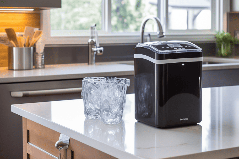 A kitchen counter with a shredder and an ice maker, without a water line, sitting on it.