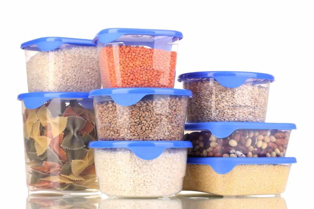 A variety of containers for storing different types of food, including rice.