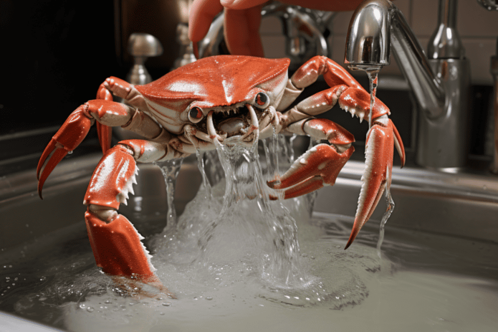 How Long Do Cooked Crabs Last in the Fridge? A crab in a sink with water coming out of it.