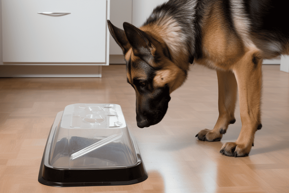 A german shepherd dog sniffing an airtight food dish.