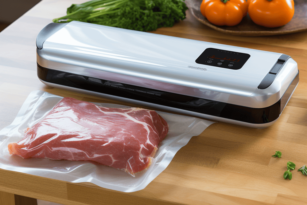 A meat vacuum sealer is sitting on a table.