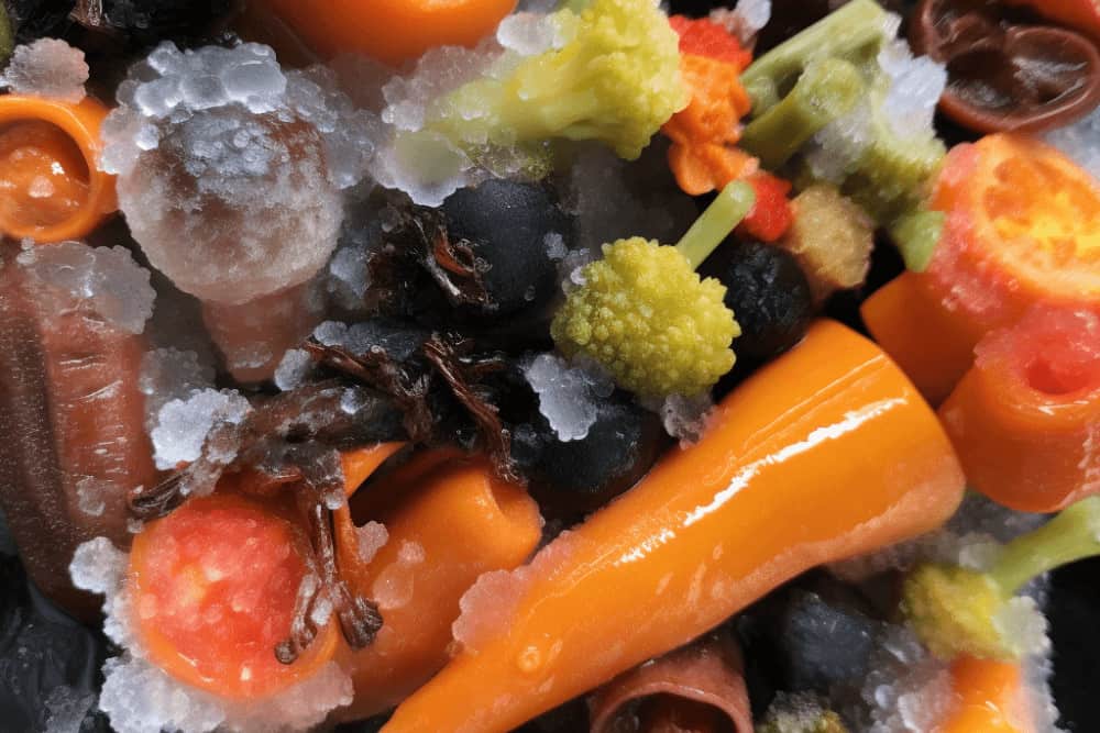 A pile of vegetables on ice.